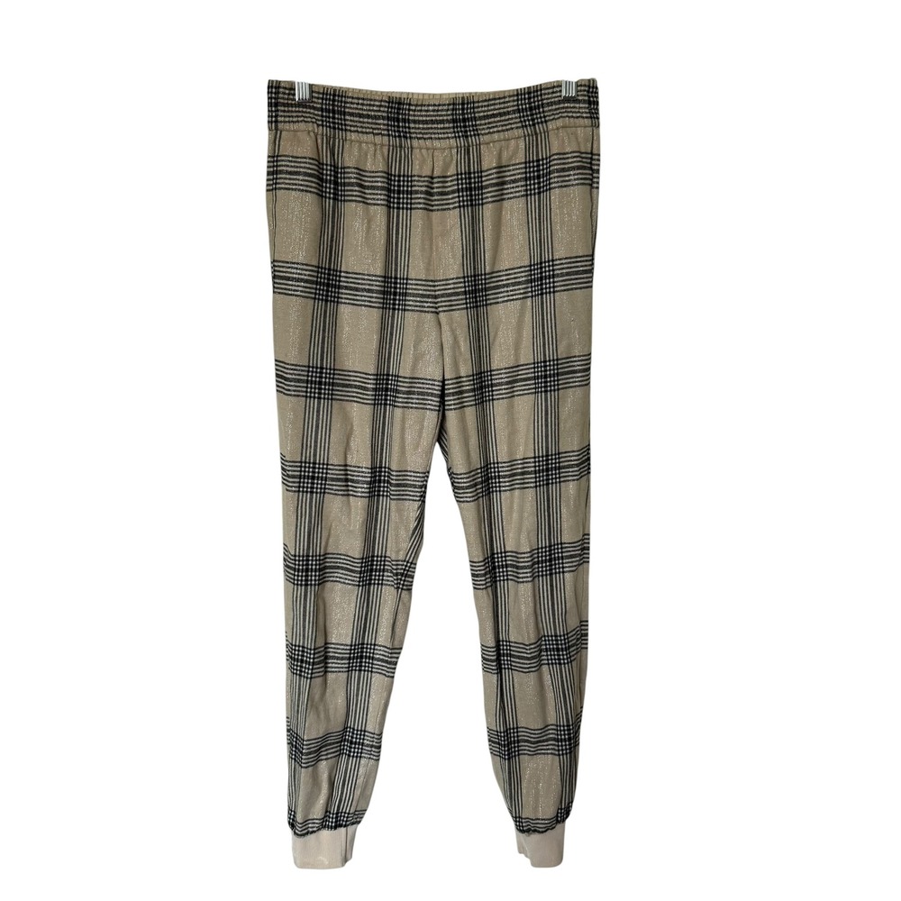 Club Monaco Joggers Women M Tan Black Plaid Excellent Metallic Wool Blend